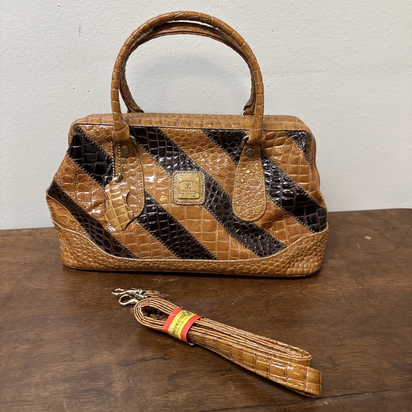 Vtg Leather Crossbody Handbag Crocodile Pattern Renaissance Leather Goods Brown